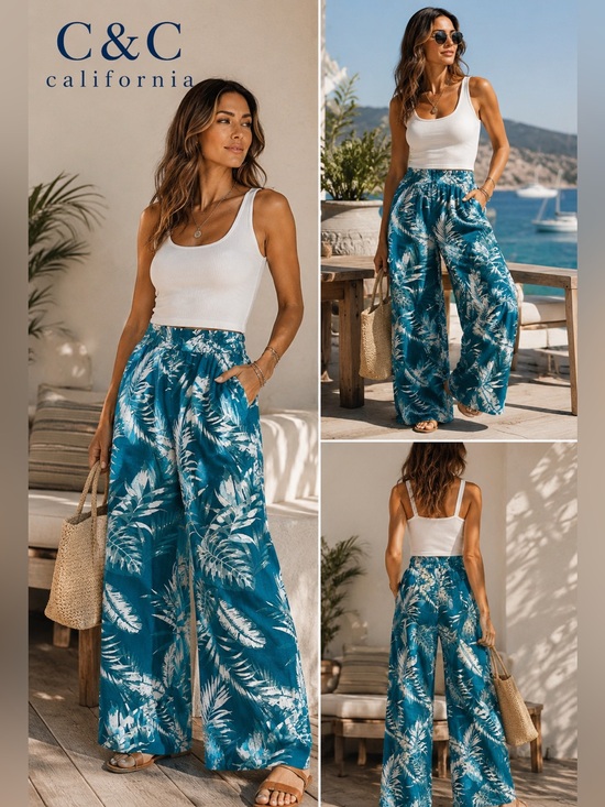 C&C California Pants - C&C California, Linen, Yacht-Wear Palazzo, Wide Leg Pants, Elastic Back Waist,L